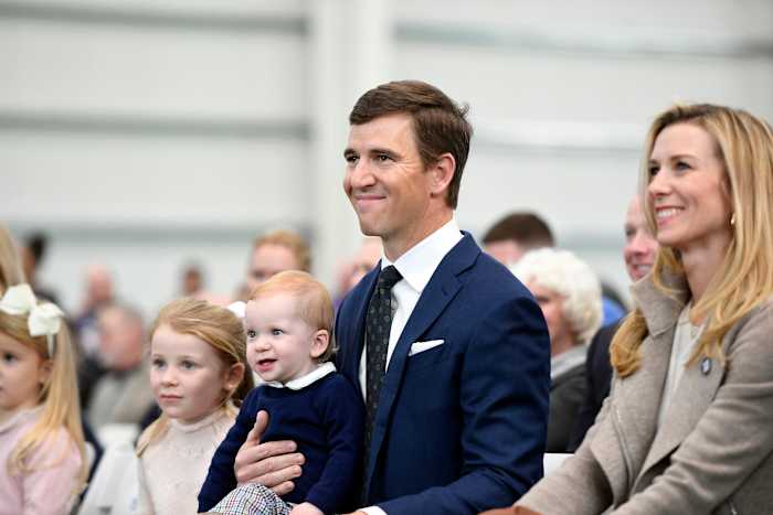 New York Giants quarterback Eli Manning watches a tribute video made of his career with his family at Quest Diagnostics Training Center on Friday, Jan. 24, 2020, in East Rutherford..